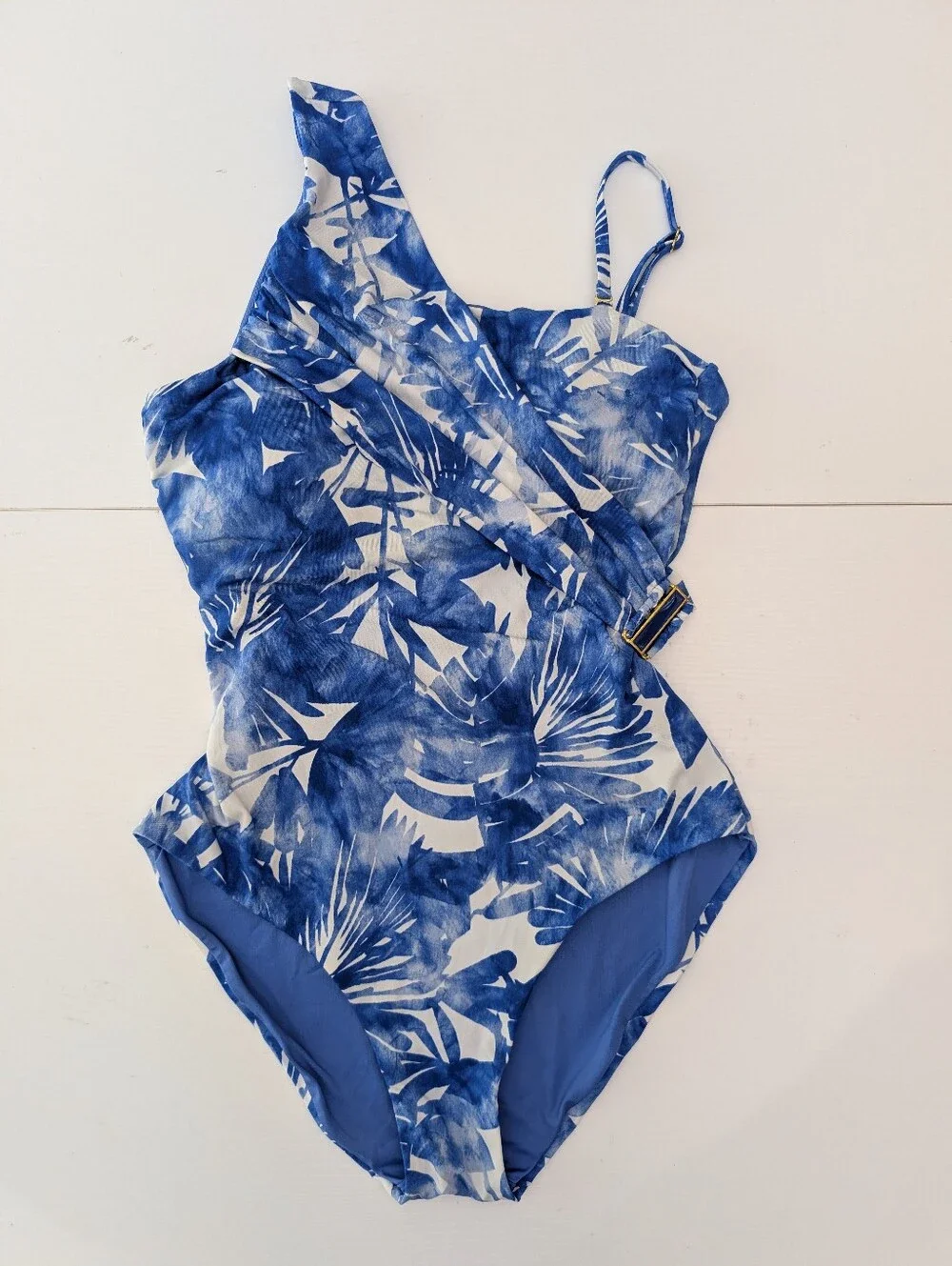 Trina Turk Basque Asymmetrical One-Piece Swimsuit Sz 8 One-Shoulder Blue Floral